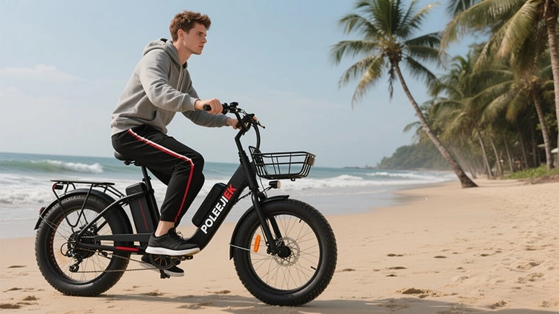 A senior rider smiling on a POLEEJIEK step-through pedal assist bike