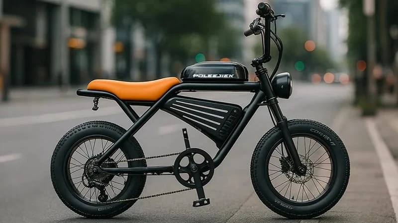 A stylish retro electric bike with a vintage motorcycle frame and round headlamp