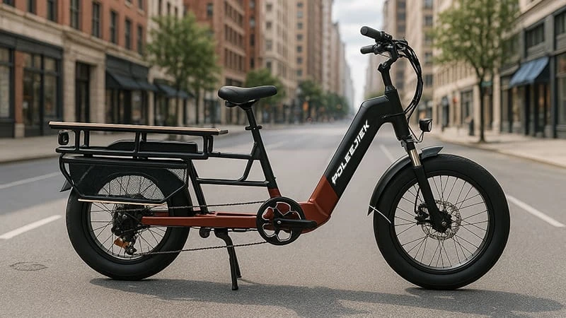 A delivery rider on a POLEEJIEK cargo e-bike navigating a city, showcasing delivery efficiency.