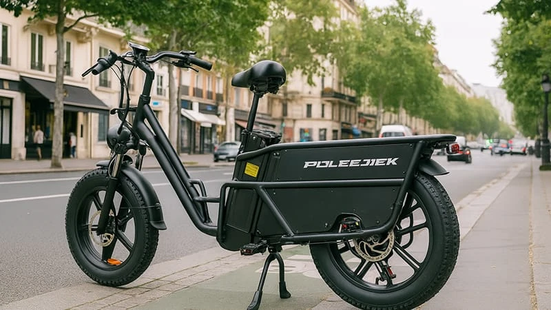 An e-bike built for delivery parked in a narrow European alley