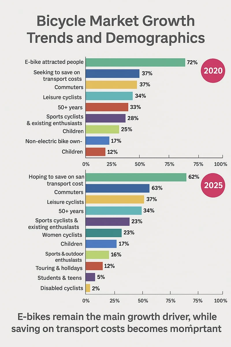 Comparison chart of bicycle market demographics from 2020 to 2025, showing e-bike attraction, commuter needs, and emerging youth and senior segments.