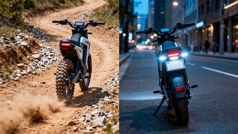 A split-screen showing an electric dirt bike on a dirt trail on one side, and the same bike with lights and a license plate on a paved city street on the other.