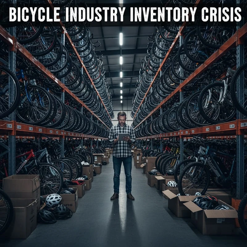 Shelves stacked high with various bicycle parts and accessories in a warehouse