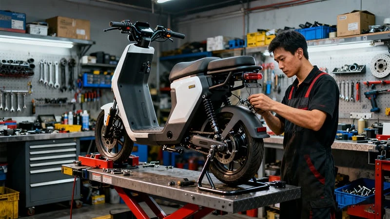 A mechanic working on an e-bike's drivetrain in a workshop