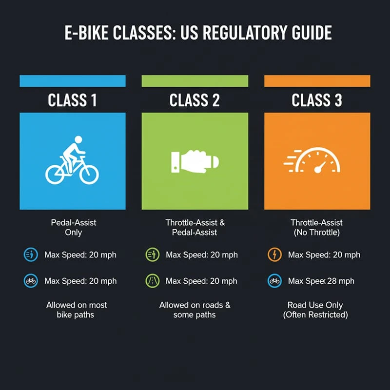 A comparison chart showing the differences between Class 1, Class 2, and Class 3 e-bike labels, highlighting speed limits and assist types (pedal-assist vs. throttle).