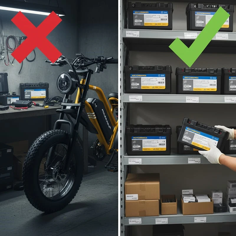 B2B ebike after-sales comparison showing a disorganized repair station with a Poleejiek ebike versus an organized ebike parts inventory solution