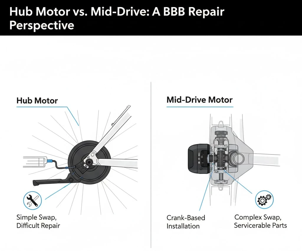 Technical diagram comparing an ebike hub motor integrated in the wheel versus a mid-drive motor located at the crank for B2B repair analysis