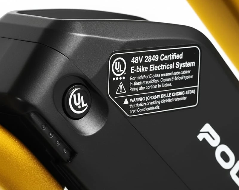 Close-up of a Poleejiek 48v ebike battery showing the official UL 2849 certification logo for safety and B2B compliance