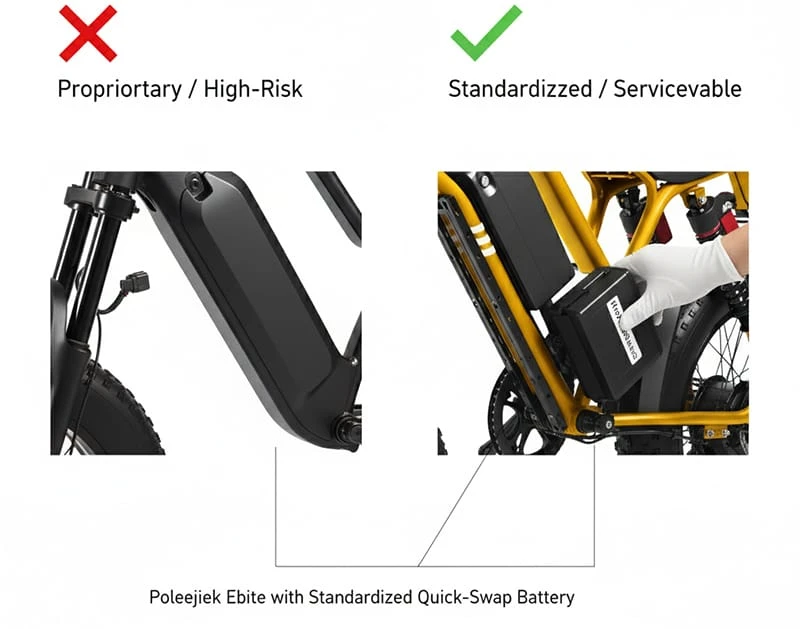 Comparing a proprietary non-serviceable ebike battery versus a standardized replaceable ebike battery for B2B models