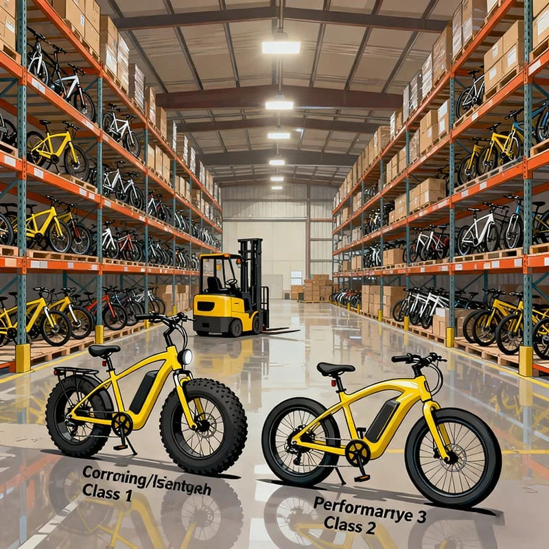 An illustration of a diverse ebike inventory strategy for B2B distributors, showing a mix of commuter (Class 1), fat tire/moped (Class 2), and performance (Class 3) ebikes in a warehouse.