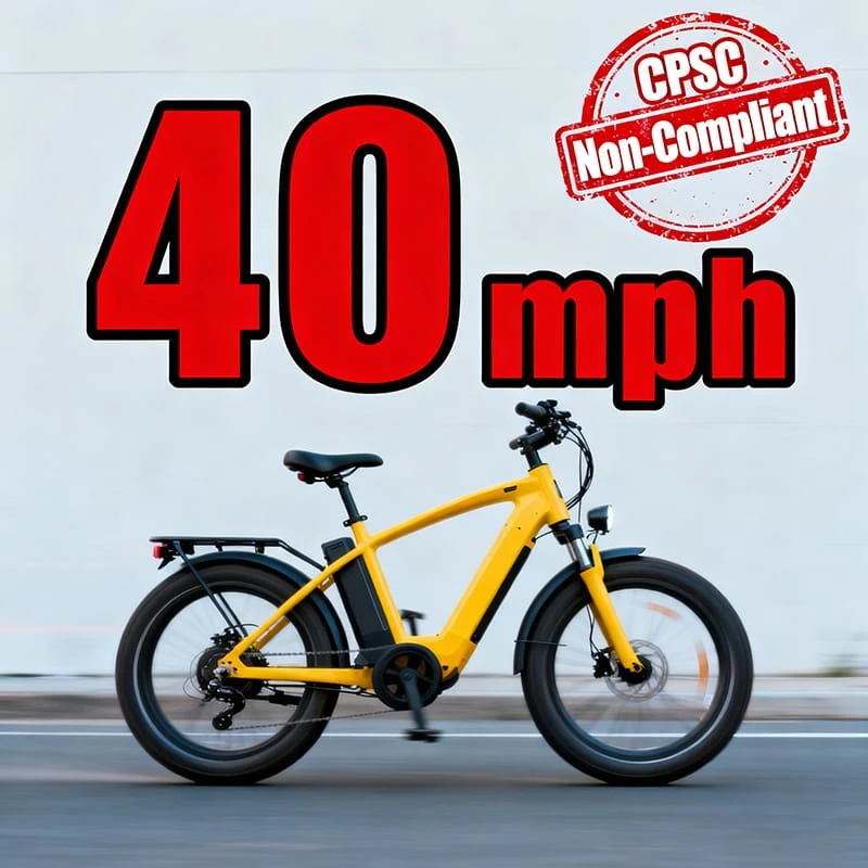 A visual warning for B2B ebike importers showing a non-compliant 40 mph ebike with a red 'Legal Risk' or 'CPSC Non-Compliant' stamp, illustrating the speed trap.