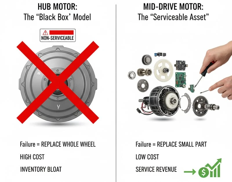 A visual comparison showing the B2B maintenance models: a sealed hub motor 'black box' versus a serviceable mid-drive motor with its internal parts and gears laid out.