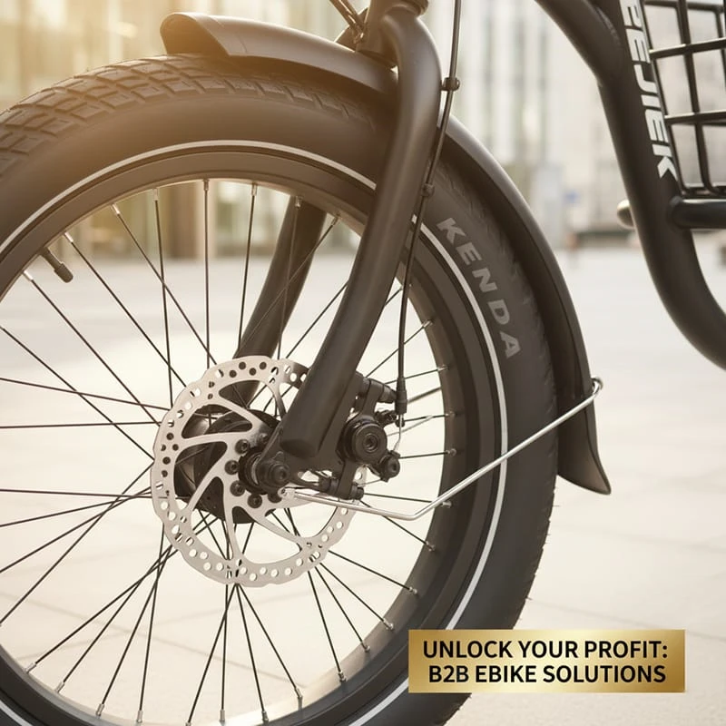 A close-up technical shot of a 4-piston hydraulic disc brake and rotor on a Poleejiek cargo ebike, demonstrating high-quality, cargo-grade safety components.