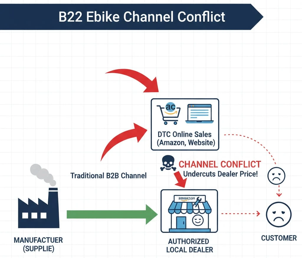 Diagram showing B2B ebike channel conflict, where a manufacturer's DTC sales on Amazon and their own website bypass and undercut their authorized local dealers.