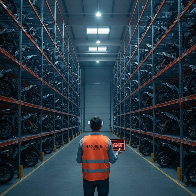 A busy B2B warehouse with dwindling stock levels of the best electric dirt bikes, illustrating the upcoming 2025 inventory shortage crisis.