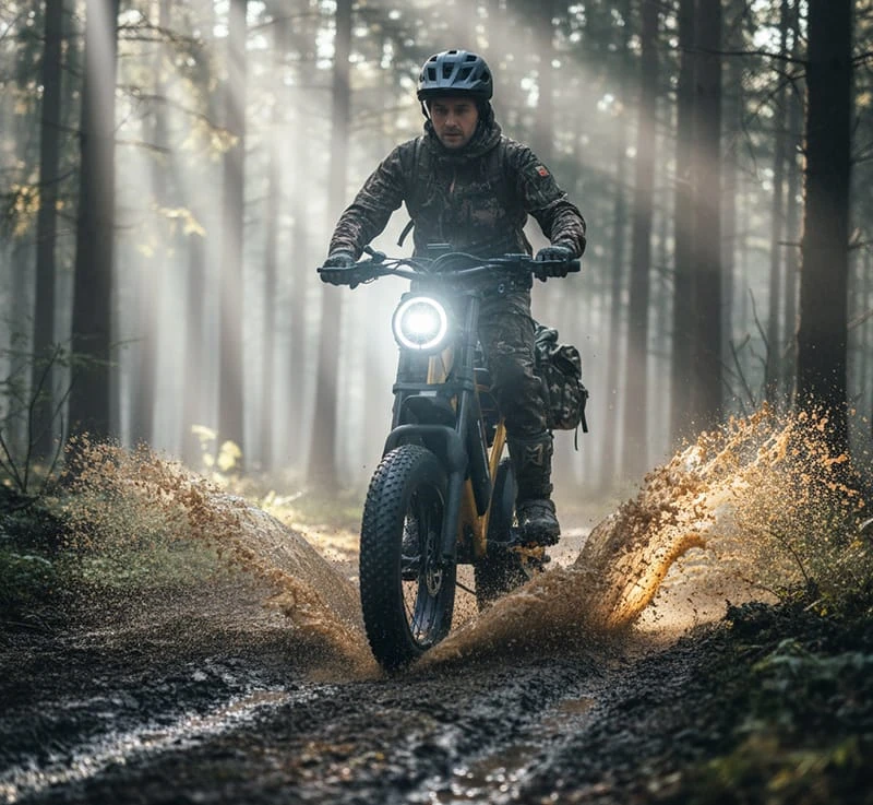 Heavy-duty electric hunting bike with dual motors and fat tires conquering muddy terrain, illustrating high-profit B2B utility market demand.