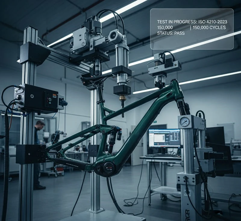 Poleejiek electric mountain bike frame undergoing ISO 4210 fatigue testing in a laboratory to ensure structural integrity for OEM partners.