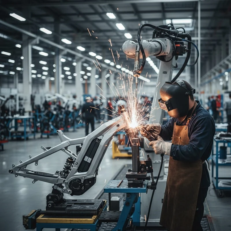 Poleejiek factory technicians welding electric bike frames in-house, demonstrating vertical integration and control over manufacturing lead times.