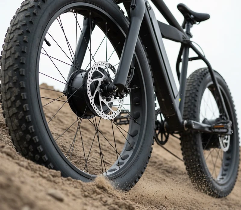 Close-up of front and rear hub motors on a fat tire ebike, illustrating the 1500W AWD system for climbing steep inclines and sand.