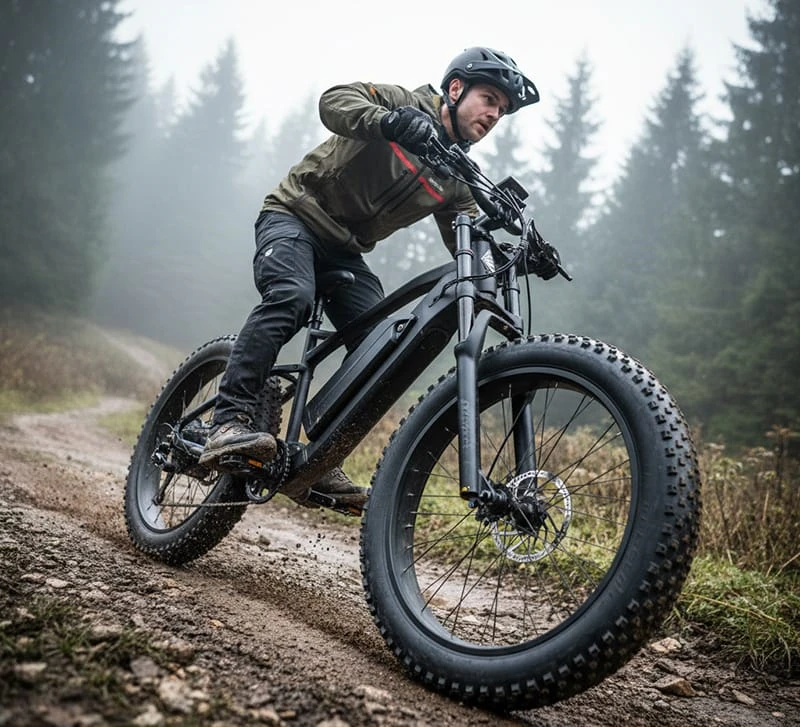 Poleejiek 1500W dual motor electric fat tire bike conquering rugged terrain, designed for B2B distributors seeking high performance inventory.
