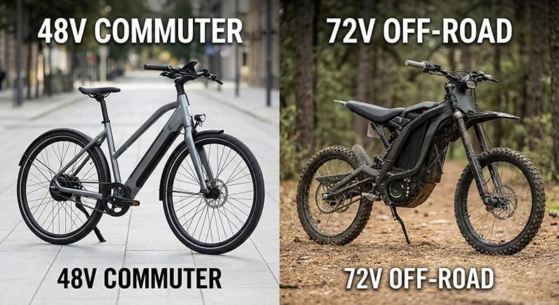 Side-by-side comparison: A sleek 48V commuter ebike for city streets versus a rugged 72V high-speed electric dirt bike for off-road use, illustrating B2B inventory choices.