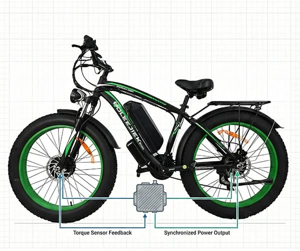 Technical illustration of Poleejiek's Single Controller Dual Drive technology, showing synchronized torque distribution between front and rear motors to prevent slippage.