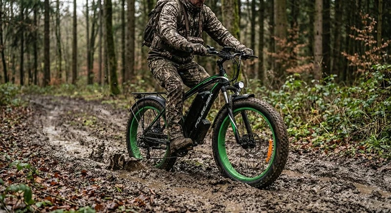 An electric hunting bike with dual motors traversing deep mud and rough terrain, demonstrating superior AWD traction compared to single motor ebikes.