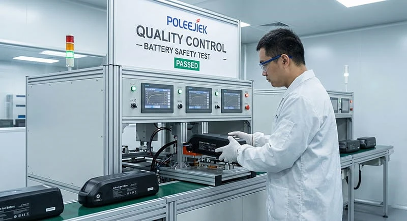 A technician performing rigorous safety aging tests on Poleejiek e-bike batteries, contrasting reliable B2B inventory against low-quality $600 supermarket e-bikes.