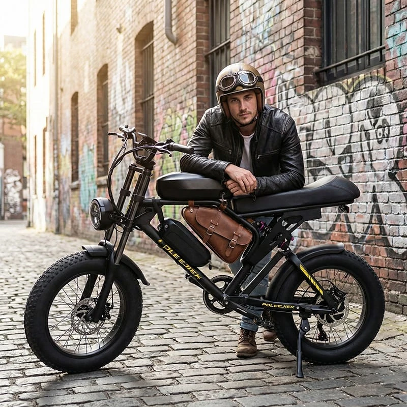 A trendy urban rider posing with a Poleejiek vintage electric bike, showcasing the high-margin lifestyle aesthetic that appeals to modern consumers on social media.
