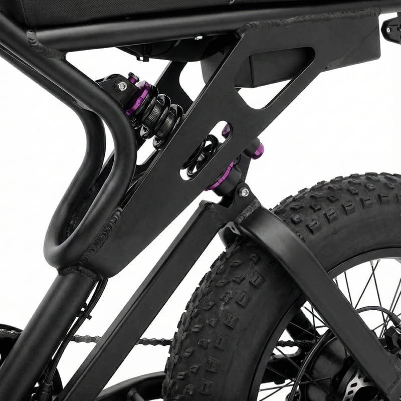 Close-up engineering shot of Poleejiek's reinforced 6061 aluminum frame welds and extended hydraulic suspension, demonstrating industrial-grade durability.