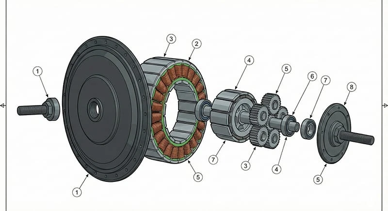 A CAD exploded view diagram of a Poleejiek electric bike motor hub, displaying numbered spare parts for easy identification and ordering via the dealer portal.