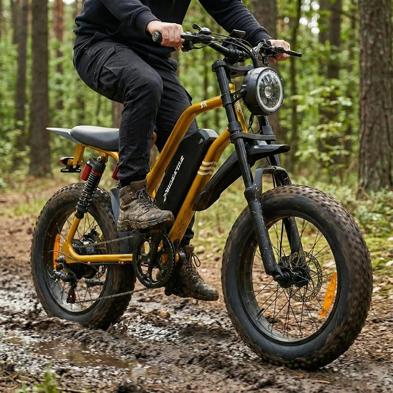 4-inch fat tires of the Poleejiek F6 gripping muddy terrain, demonstrating off-road capability for deep woods hunting.