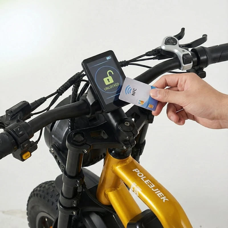 Close-up of the Poleejiek F6 smart LCD display being unlocked with an NFC card, illustrating keyless security features for rental fleets.