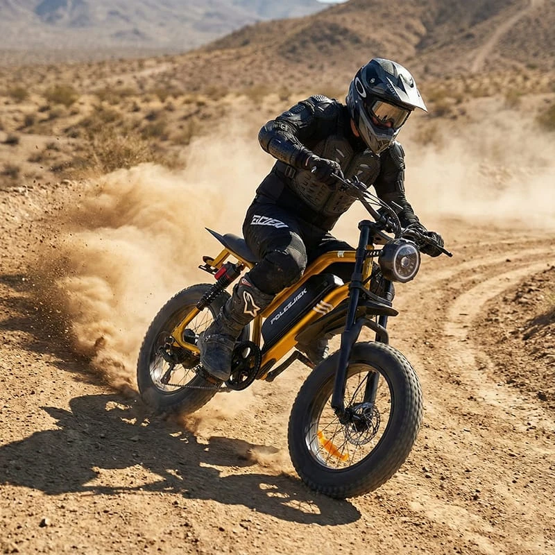 An adult rider on a black heavy-duty electric dirt bike riding fast on a dirt trail, representing the best off-road e-bike category under $2000.
