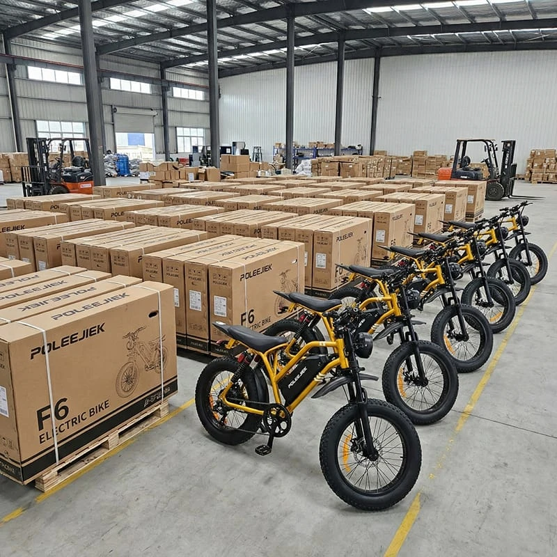 A fully stocked Poleejiek warehouse with rows of boxed electric dirt bikes, representing stable supply chain and immediate availability for wholesale dealers.