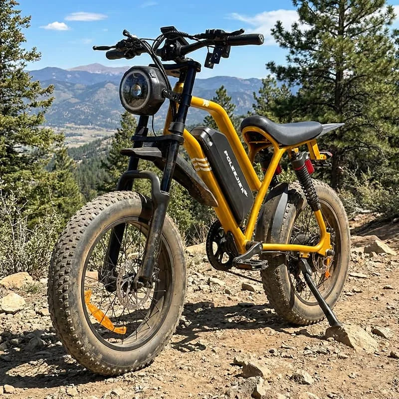 The Poleejiek F6 electric dirt bike parked on a forest trail, showcasing its rugged frame and fat tires, representing the modern evolution of pit bikes for 2025.