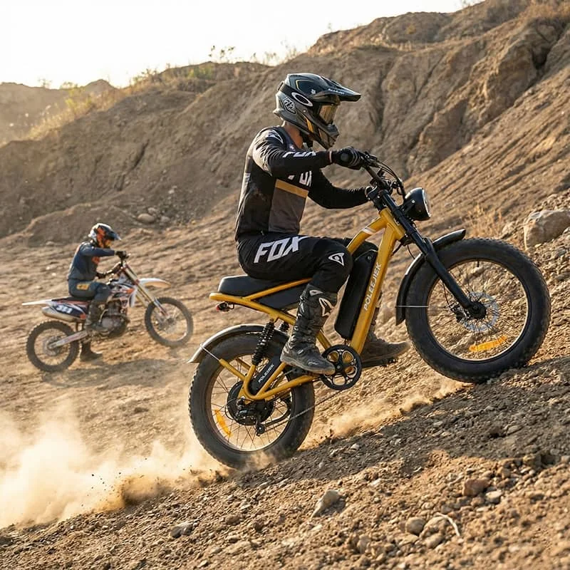A rider on the Poleejiek F6 easily accelerating up a steep dirt incline, demonstrating the instant torque and lack of stalling compared to gas bikes.