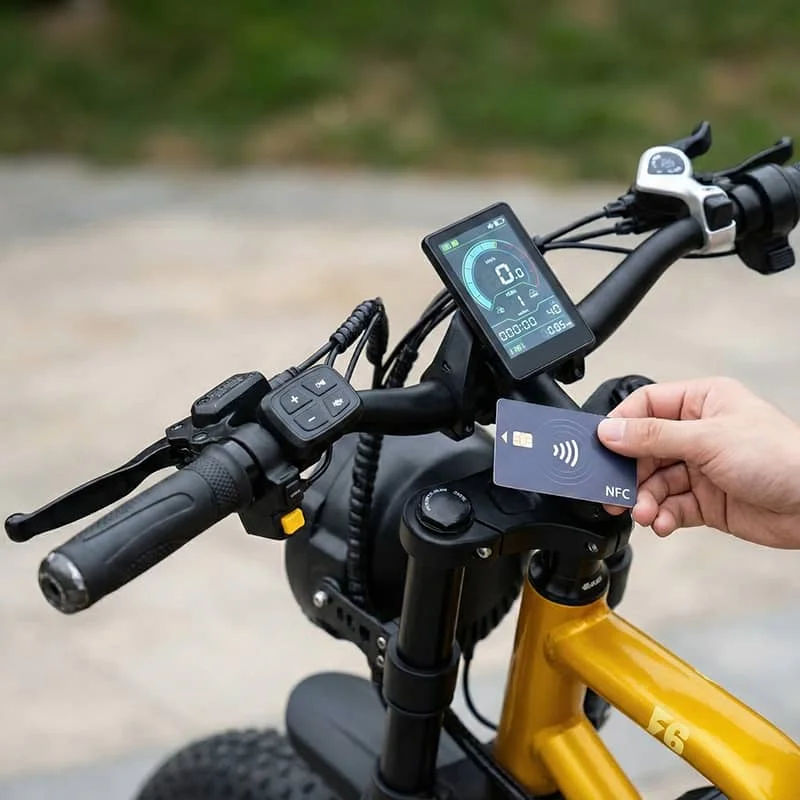 Close-up of the NFC keyless ignition system and digital display on the Poleejiek F6, highlighting tech features that appeal to Gen Z riders.