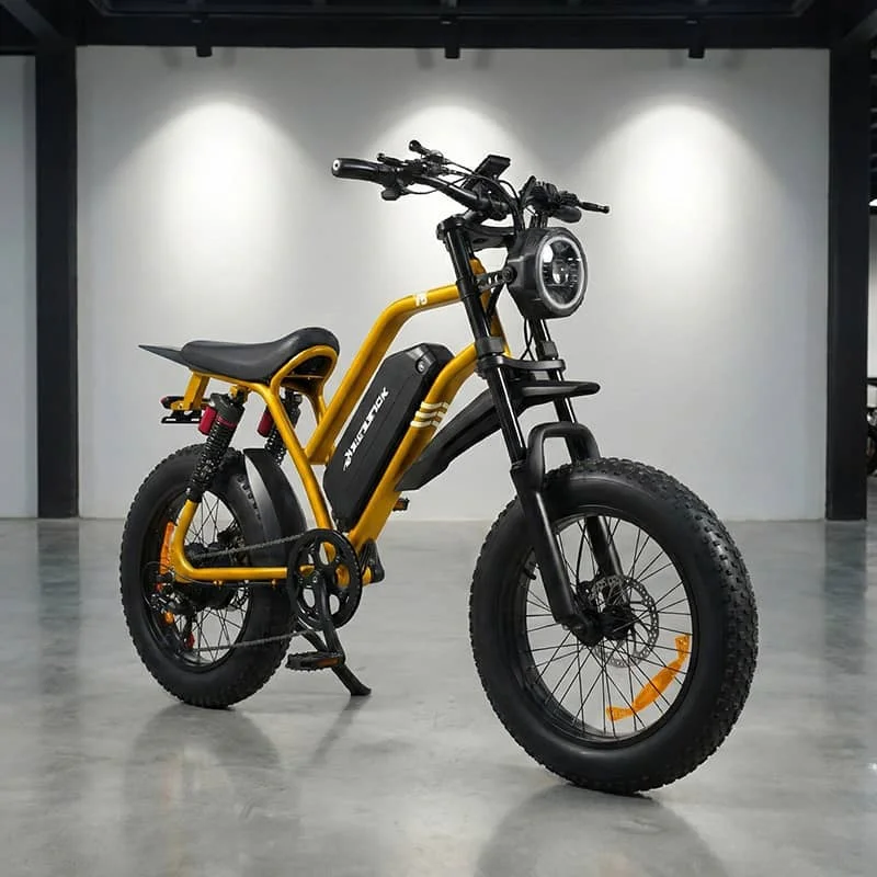 The Poleejiek F6 electric dirt bike displayed in a showroom, featuring a moto-style seat, 1500W motor, and rugged 4-inch fat tires suitable for teens and adults.