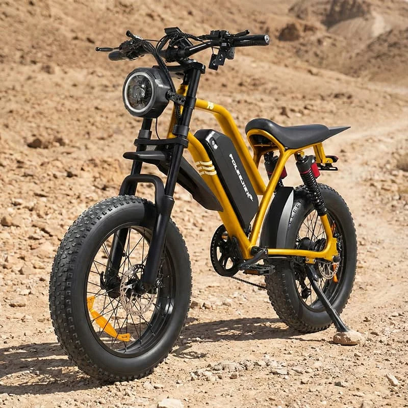 Detailed view of the reinforced steel frame and hydraulic suspension on the F6 e-bike, demonstrating its superior durability compared to department store toy bikes.