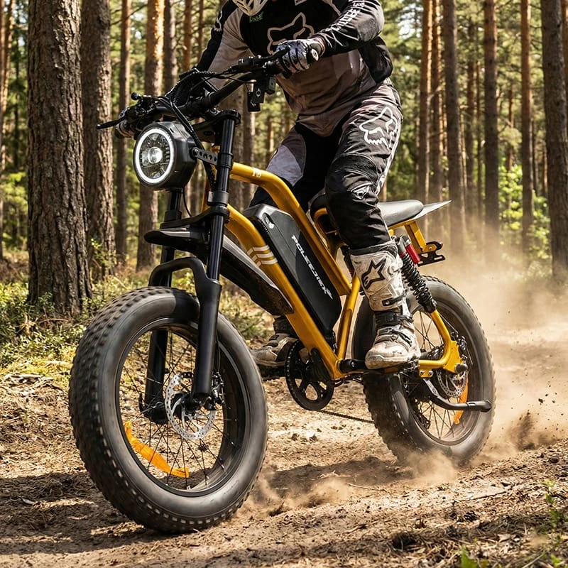 A rider on the F6 1500w electric bike tackling rough dirt terrain, demonstrating the 4-inch fat tires and adjustable suspension system.