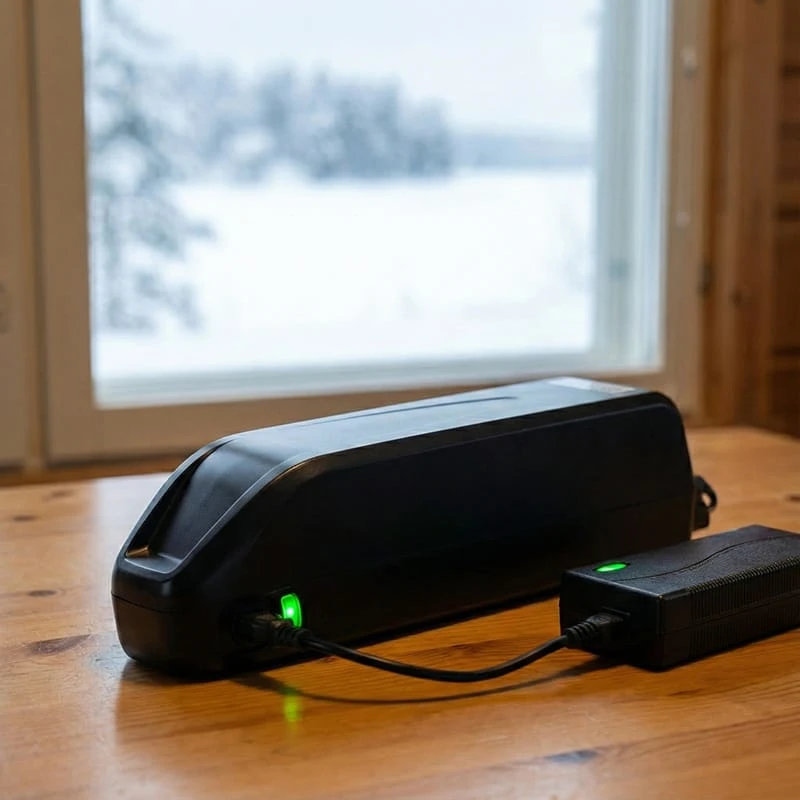 Removing the 48V 20Ah battery from the Poleejiek F6 to charge indoors, protecting it from freezing temperatures and extending lifespan.