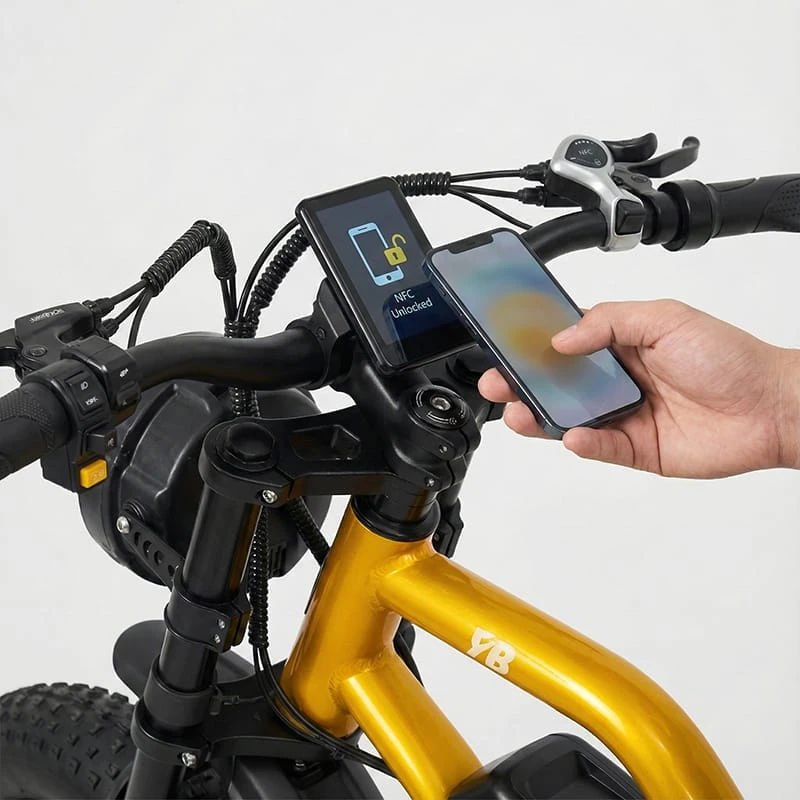 Close-up view of the F6 electric bike LCD dashboard showing the NFC card unlock feature, eliminating the need for physical keys.