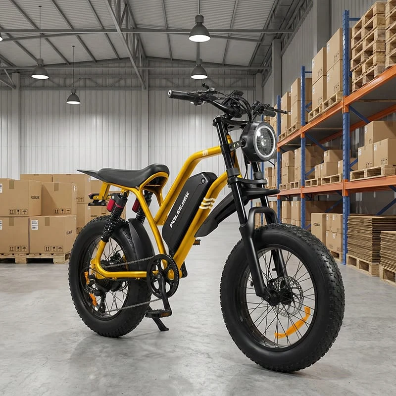 Stacks of boxed Poleejiek electric bikes in a local US warehouse, ready for fast shipping to dropshipping customers.