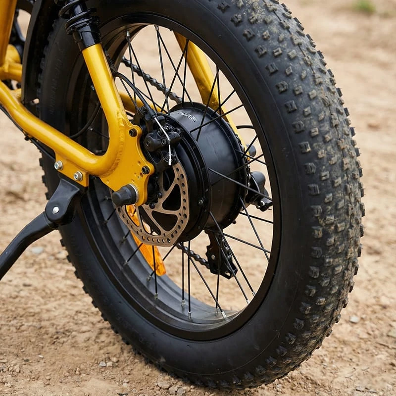 Close-up view of the 1500W peak brushless rear hub motor on the F6 e-bike, designed for high torque and silent operation on steep climbs.