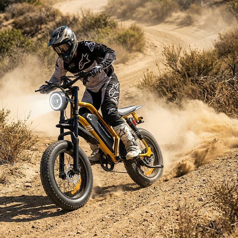 A rider on a high-power electric dirt bike navigating a rough trail and kicking up dust, symbolizing the performance difference between 1000W and 1500W motors.