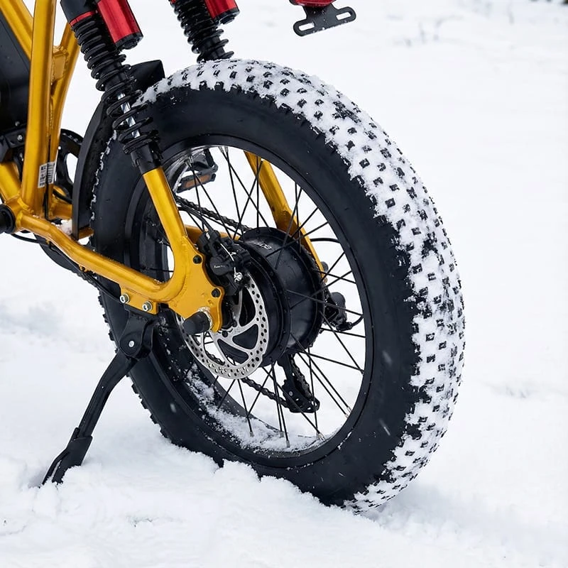 Close-up of 4-inch fat tires on an electric bike gripping soft terrain like snow and sand, illustrating the stability of a high-power e-bike under load.