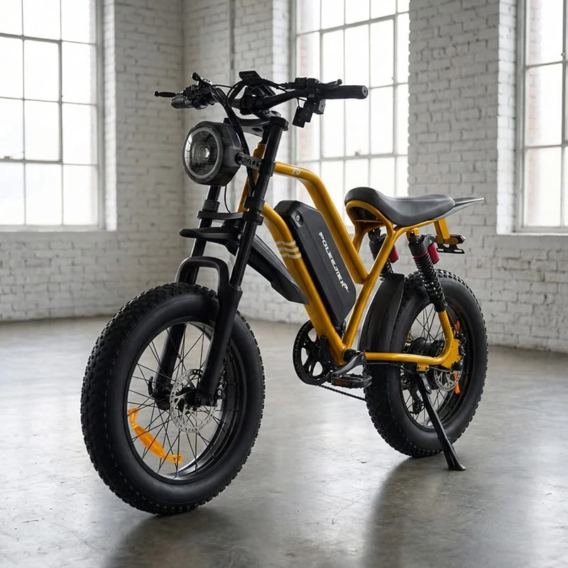The Poleejiek F6 electric dirt bike featuring a reinforced steel frame and a large 48V 20Ah battery, designed for heavy-duty off-road riding.