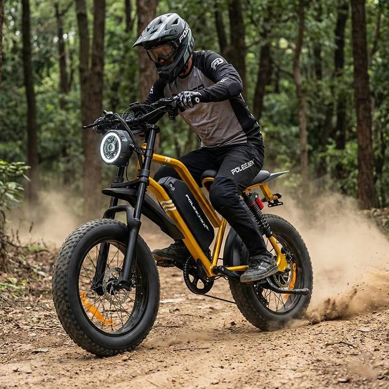 Side profile of the POLEEJIEK F6 electric dirt bike for adults, featuring a rugged black reinforced steel frame and retro styling suitable for off-road terrain.