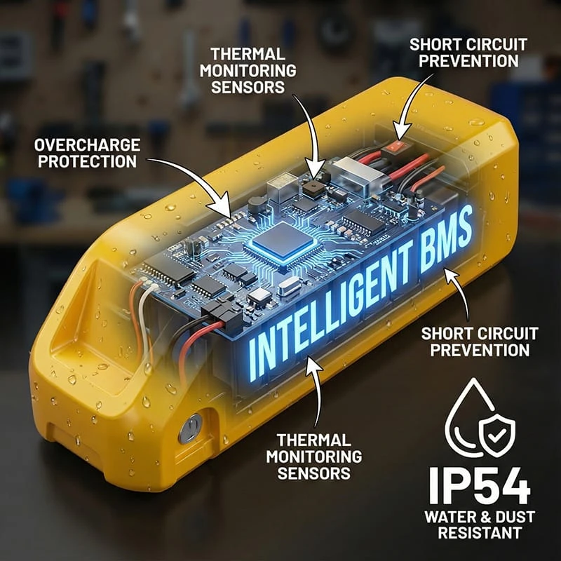 Close-up view of the Poleejiek F6 48V 20Ah battery pack casing, visualizing the Intelligent BMS safety layers including overcharge and thermal protection.
